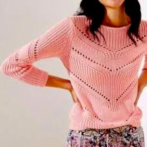 LOFT Pointelle Scoop Back Pullover Sweater Pink Cotton Blend Cozy Women's XL